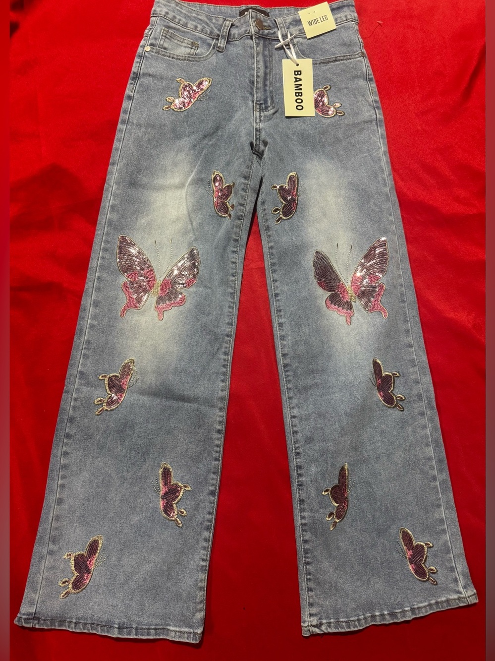 BAMBOO Light Wash Wide-Leg Jeans with Pink Sequin Butterfly Appliqués